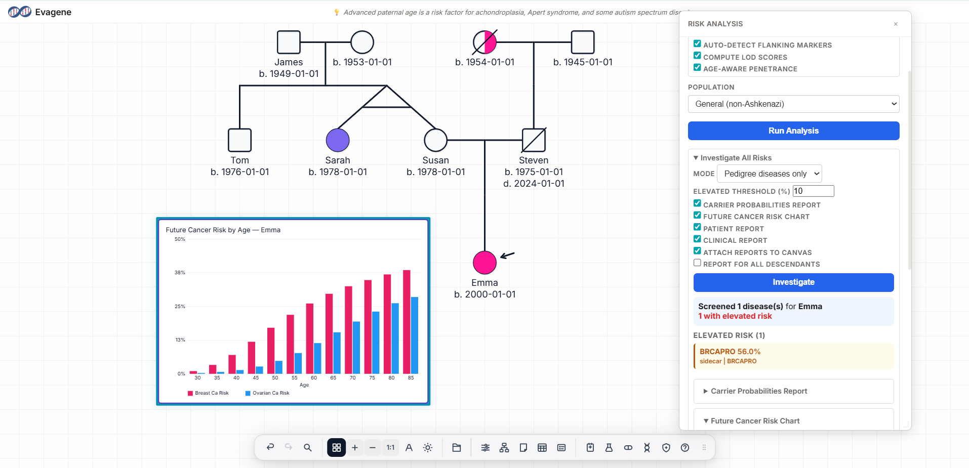 Three-generation BRCA pedigree with standard genetic notation and integrated BRCAPRO risk results