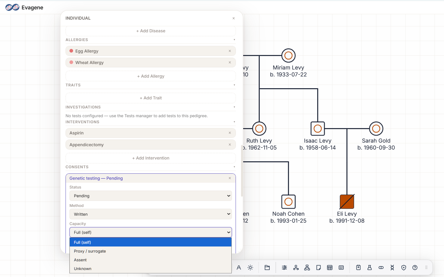 Evagene screenshot: properties panel showing consent-to-share flag, contact fields, and proband marking for patient data governance