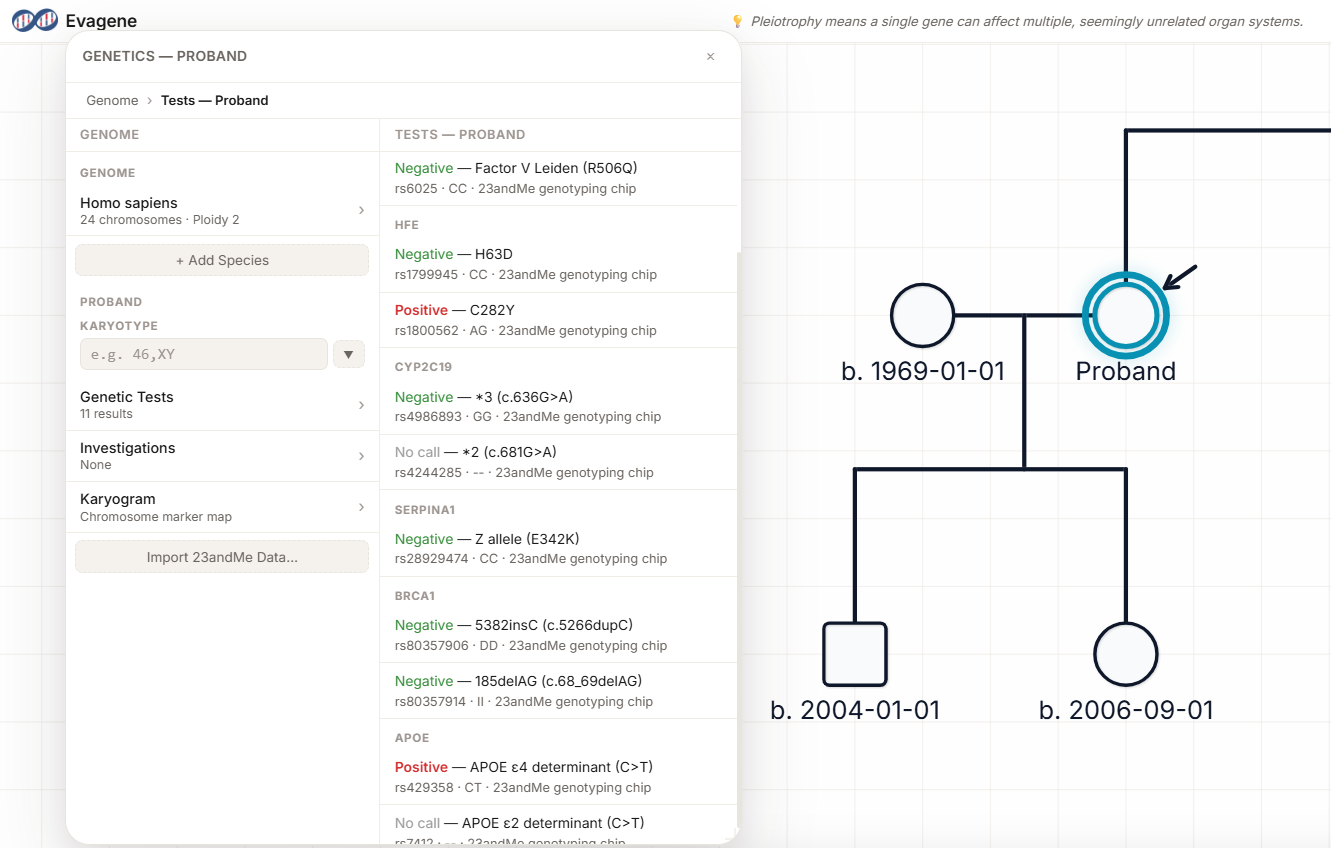 Evagene screenshot: genetics panel showing 23andMe imported genetic test results including Factor V Leiden, BRCA1, and APOE variants alongside a family pedigree
