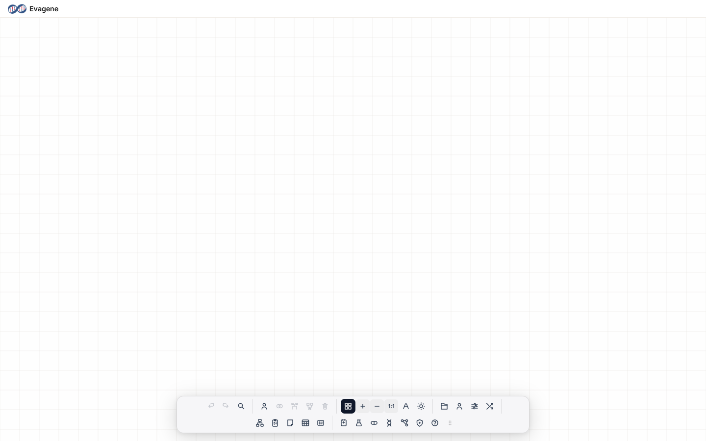 An empty Evagene canvas with a grid and the floating dock toolbar at the bottom.