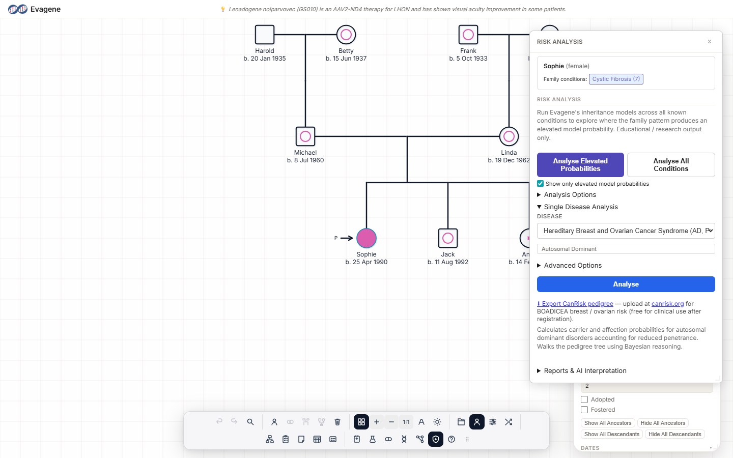 The Risk Analysis panel's Single Disease Analysis section showing the Export CanRisk pedigree link.